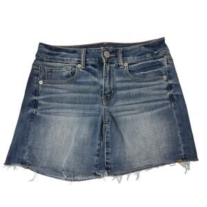 American Eagle Super Stretch Midi Jean Shorts Womens 8 Distressed Frayed Hem